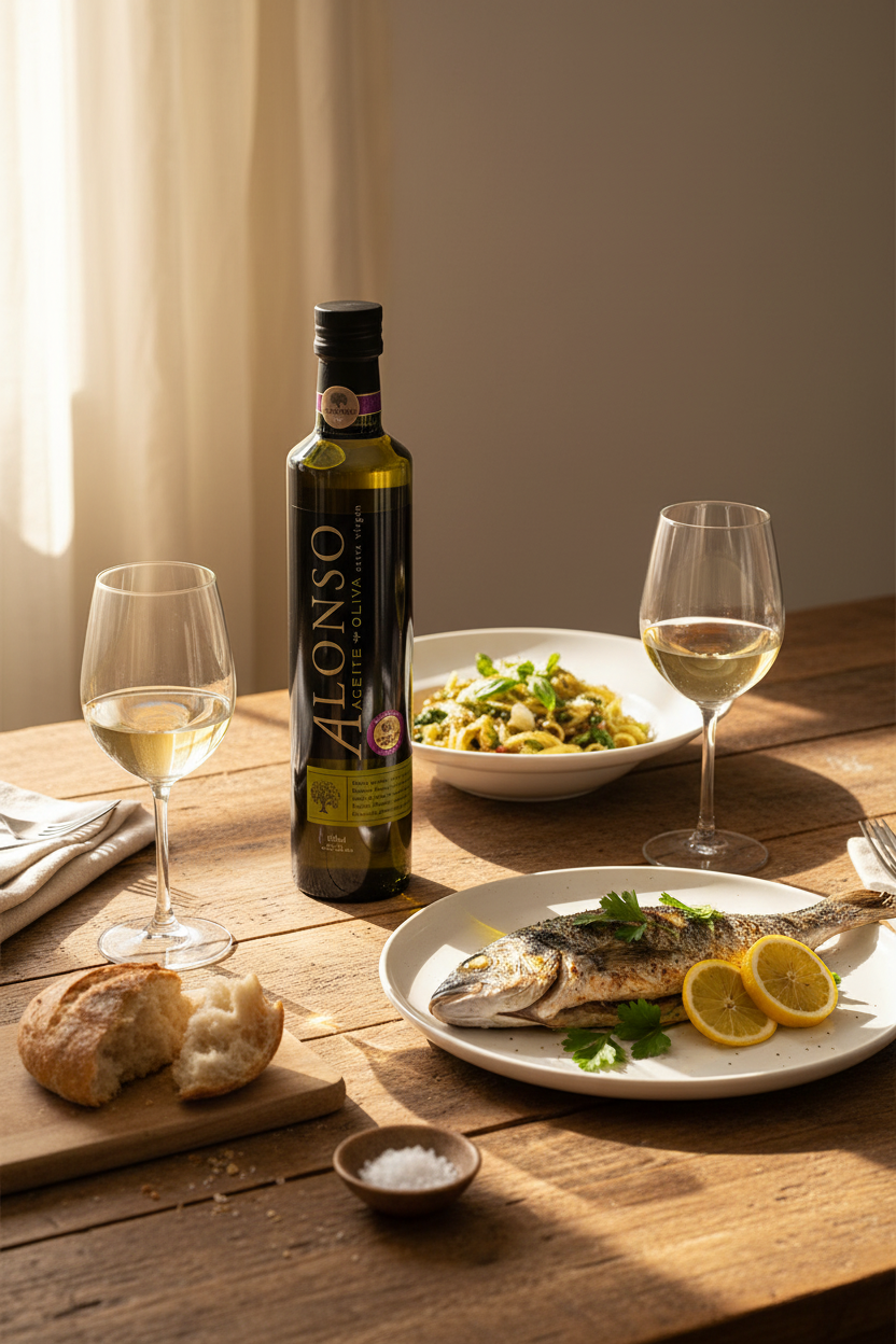 Alonso bottle Mediterranean lunch with wine