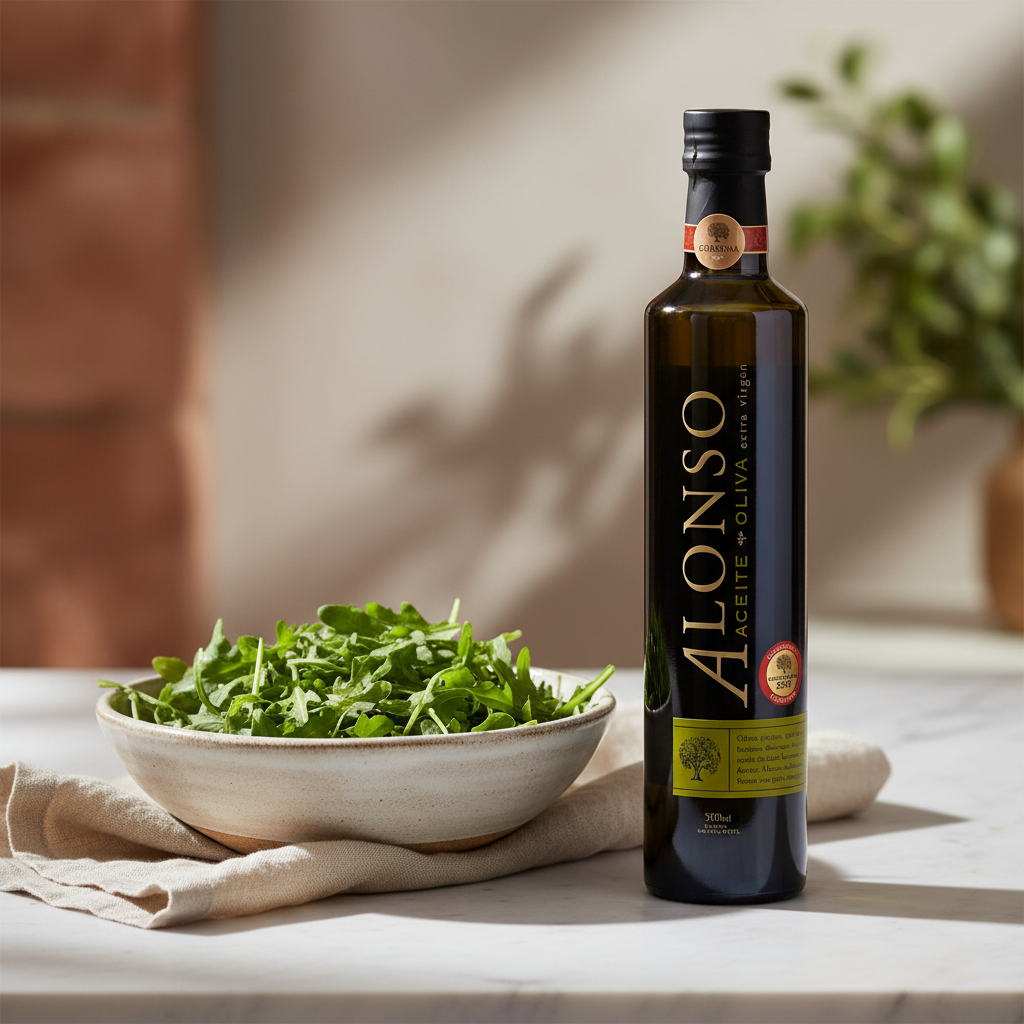 Alonso Coratina bottle with arugula salad on marble