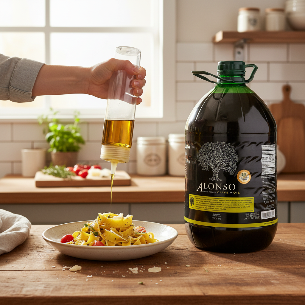 Alonso Arbequina EVOO 5L in kitchen with olive oil being drizzled over pasta