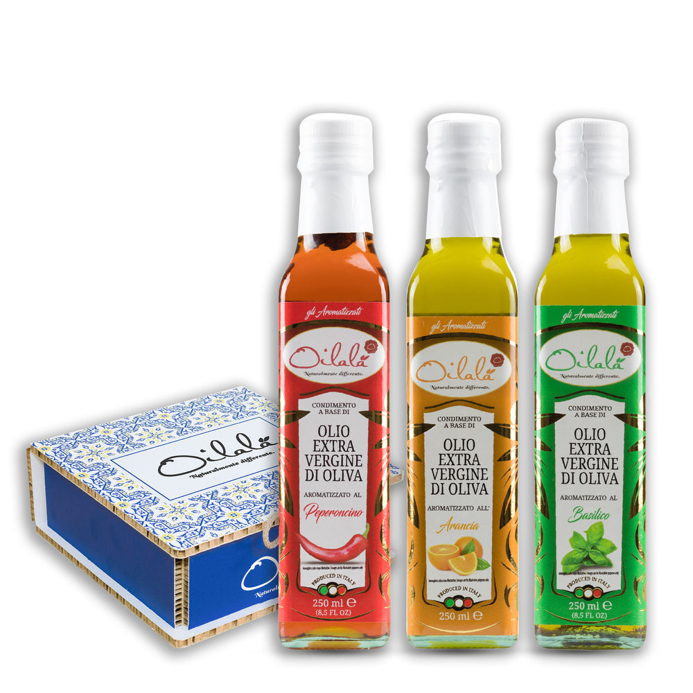 Oilala Flavored Olive Oil, Gift Box, Basil, Peperoncino, Orange, Eco Friendly Packaging, Beatiful Design, 3 Bottles, 250ml (8.5 FL OZ)