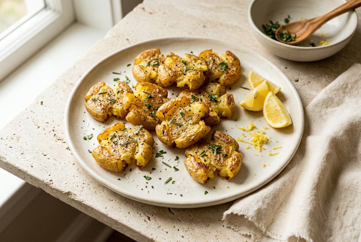 Crispy Smashed Potatoes with Olive Oil, Lemon and Rosemary