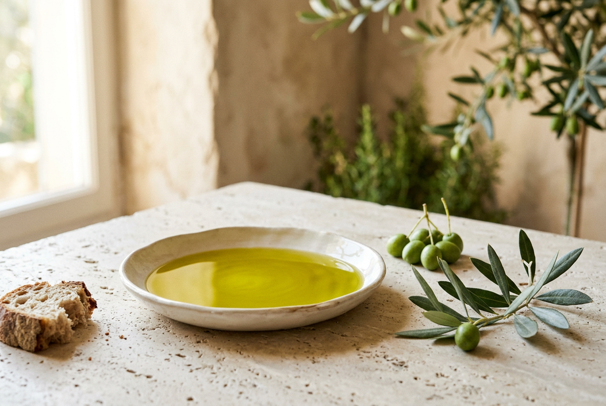 Extra virgin olive oil in a ceramic dish beside green olives, an olive branch, and rustic bread.