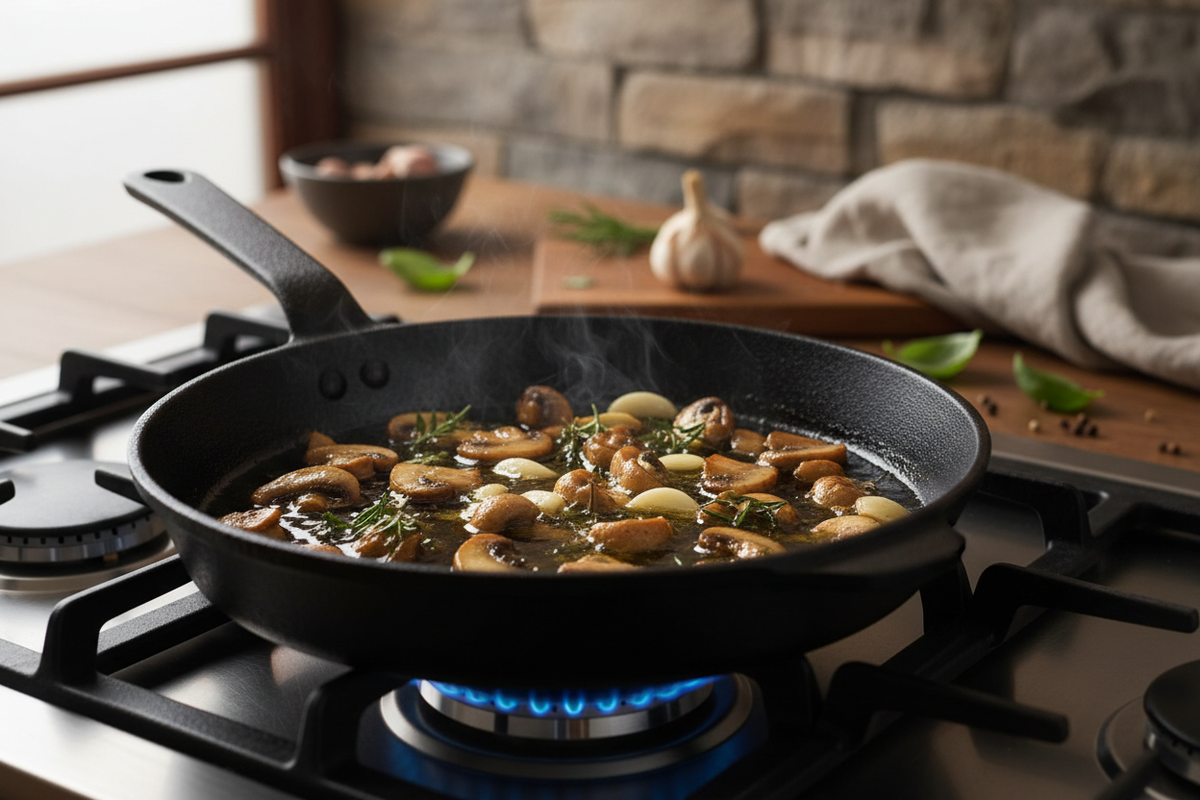 Garlic and mushrooms cooking in extra virgin olive oil in a cast-iron skillet over a flame