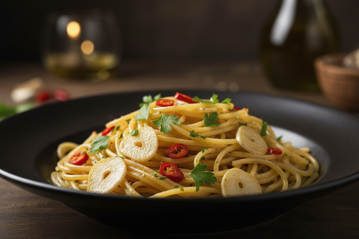 Pasta aglio e olio glistening with Oilala Coratina extra virgin olive oil, golden garlic, red chilli flakes and fresh parsley in a wide shallow bowl