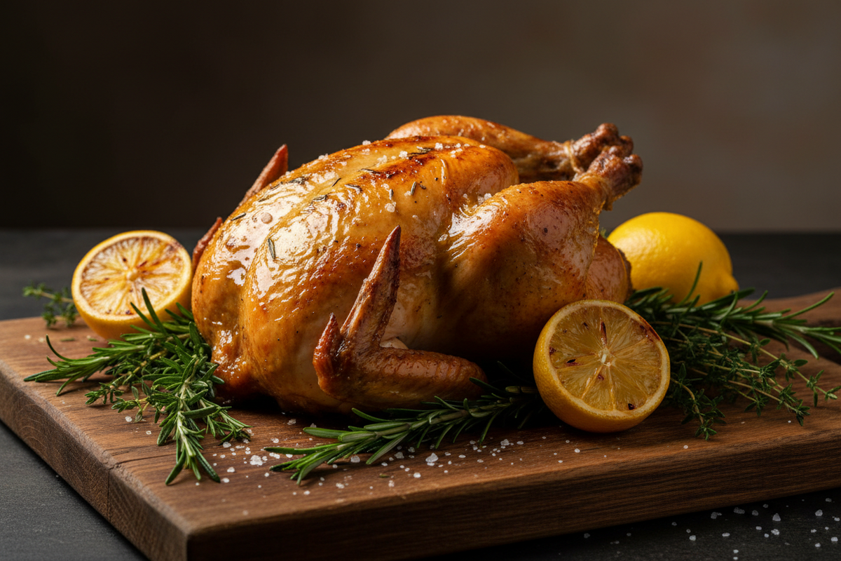 Whole roasted chicken finished with Alonso Coratina extra virgin olive oil, garnished with fresh rosemary, thyme, and lemon on a rustic wooden board