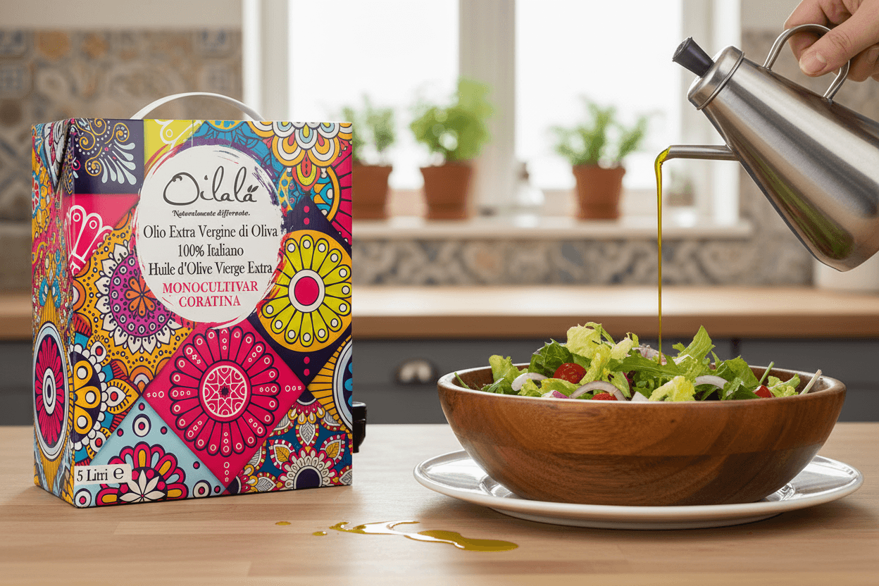 Oilala bag-in-box on kitchen counter next to salad being drizzled with olive oil
