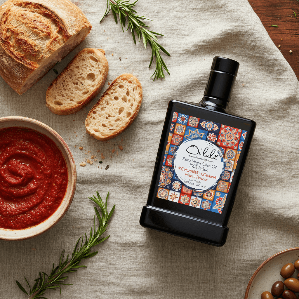 Oilala Coratina 500ml bottle flat lay with tomato dip, crusty bread and rosemary on linen
