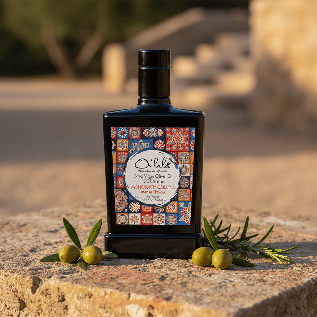 Oilala Coratina 500ml bottle on rustic stone surface with fresh olives and rosemary