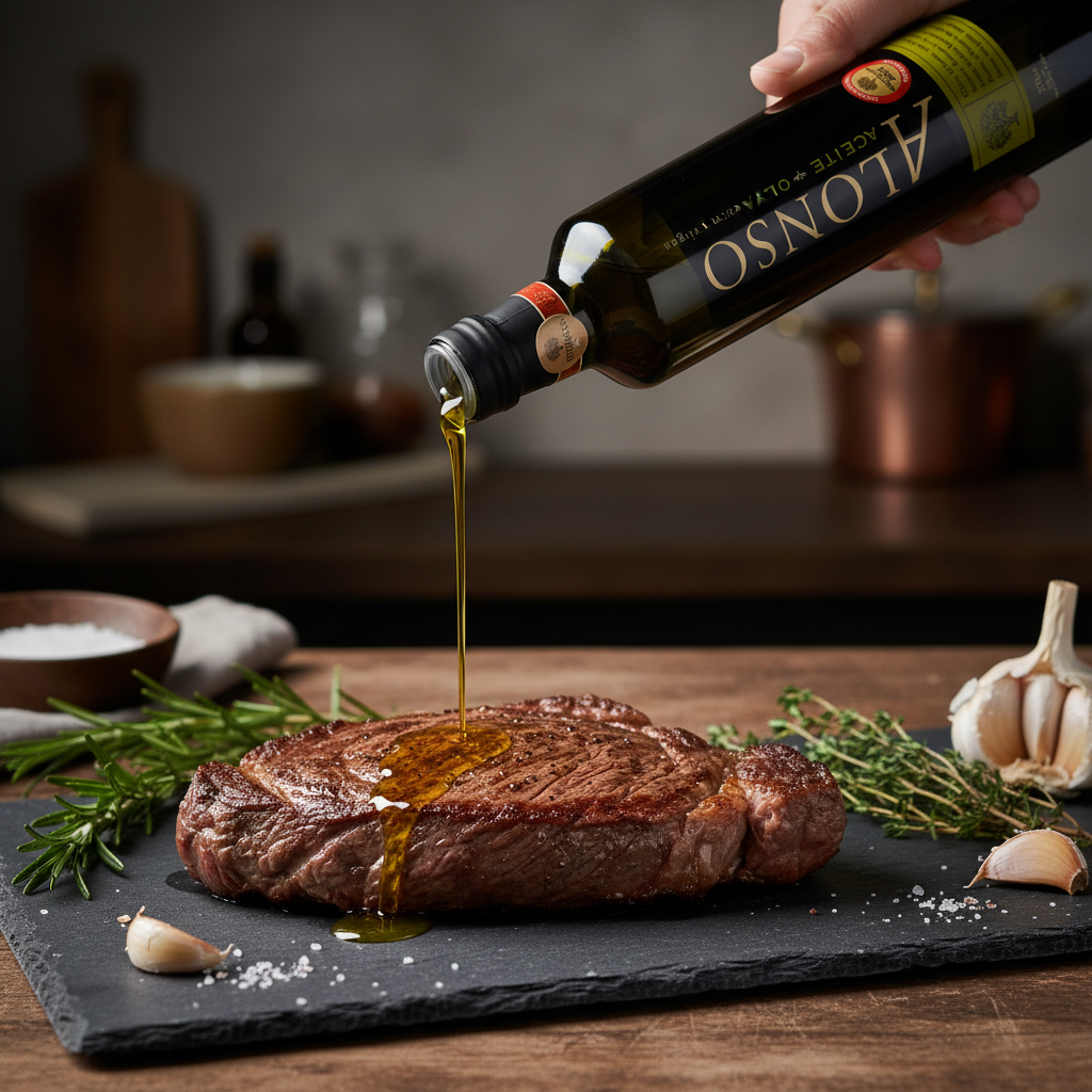 Alonso Coratina bottle drizzled over seared steak