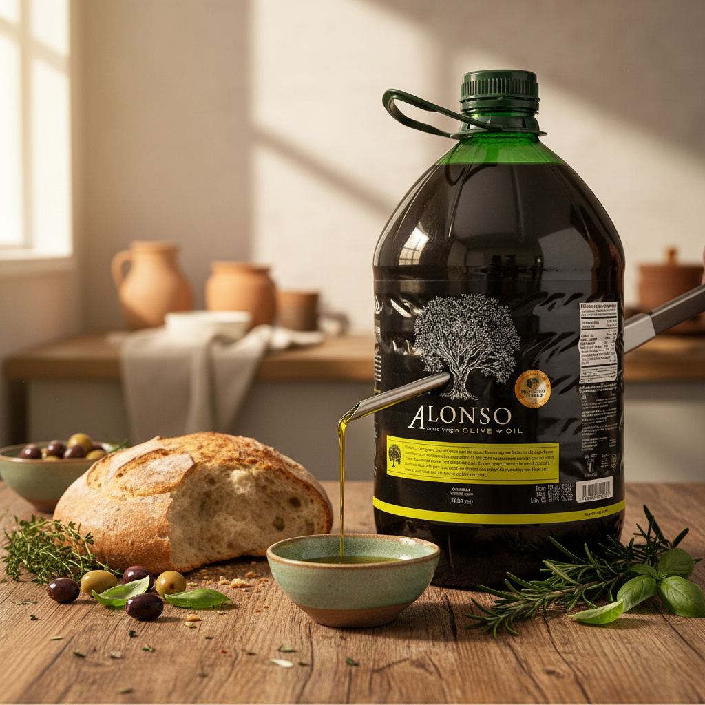 Alonso Arbequina EVOO 5L on rustic counter with bread, olives and herbs