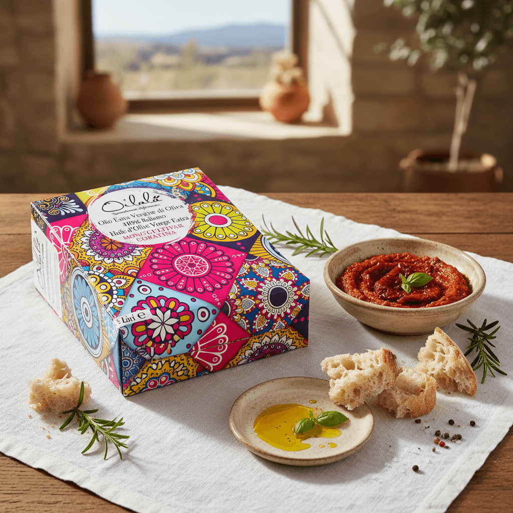 Oilala bag-in-box lifestyle flat lay with deep red tomato dip, crusty bread and rosemary